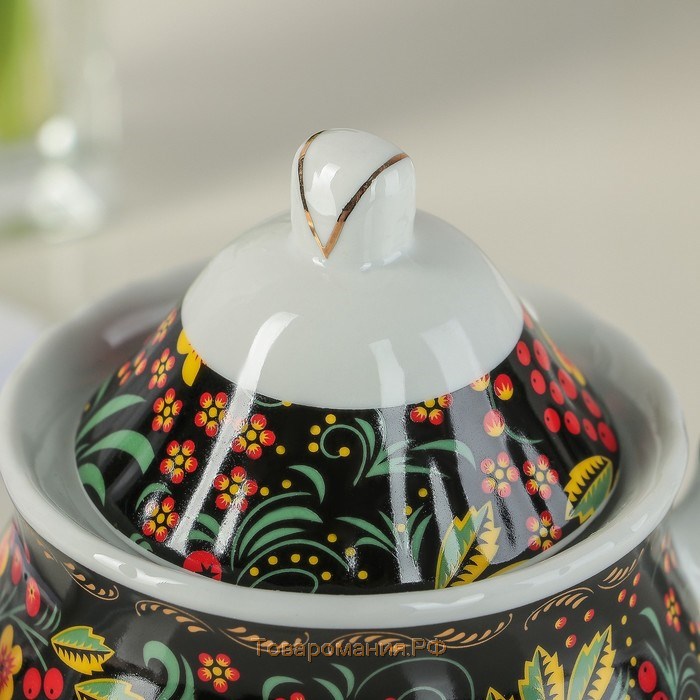Сервиз чайный керамический на металлической подставке «Хохлома», 13 предметов: 6 чашек 210 мл, 6 блюдец d=14 см, чайник 1 л