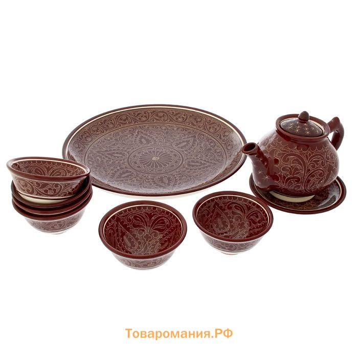 Набор чайный Риштанская Керамика "Узоры", 9 предметов, (чайник 0.8 л, пиалы 0.3 л)