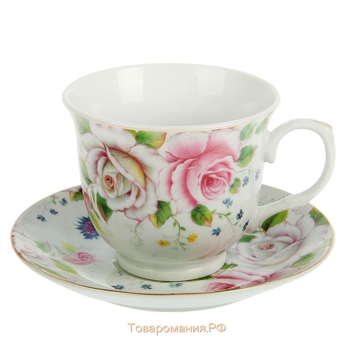 Сервиз керамический чайный на металлической подставке «Томная роза», 13 предметов: 6 чашек 230 мл, 6 блюдец d=14,2 см, чайник 1 л, цвет белый