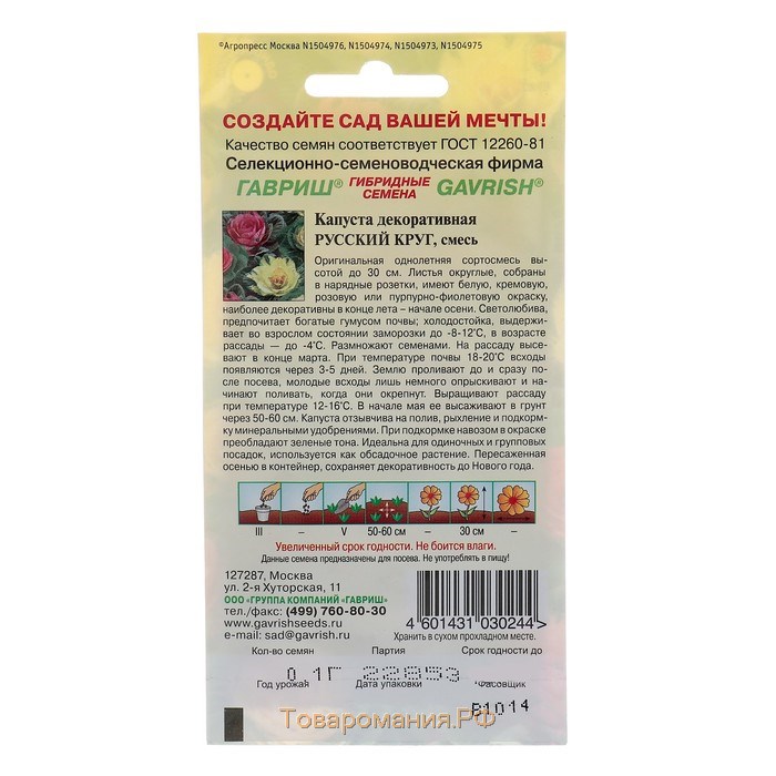 Семена цветов Капуста декоративная "Русский круг", ц/п,  О, 0,05 г