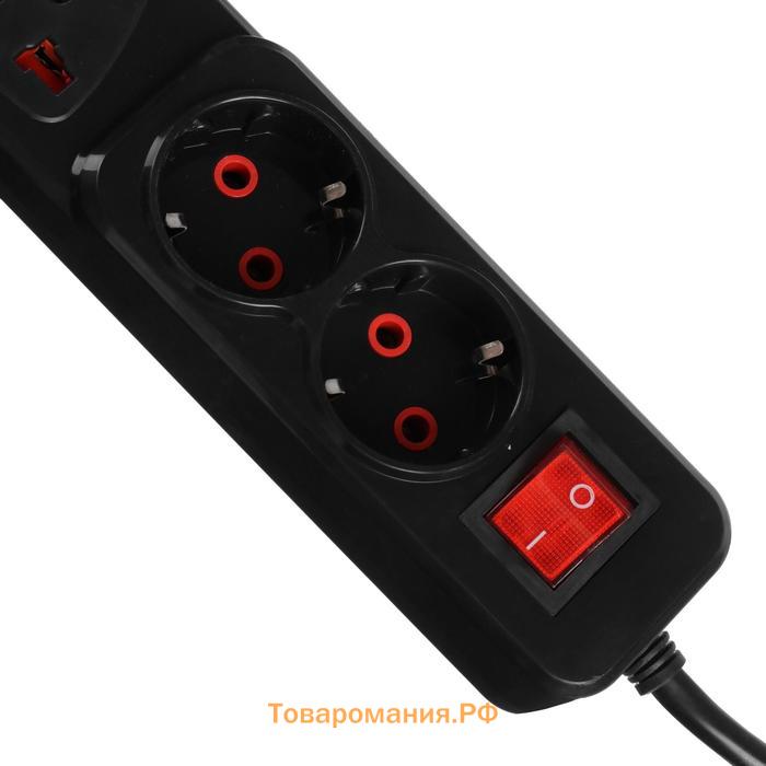 Удлинитель Lighting, 2 евро+2 унив.роз., 5 м, 2200 Вт, 2х0.5 мм2, с выкл., черный