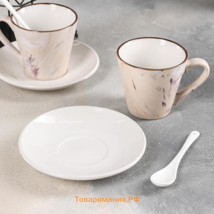 Набор чайный керамический на металлической подставке «Мрамор», 6 предметов: 2 чашки 200 мл, 2 блюдца d=14 см, 2 ложки