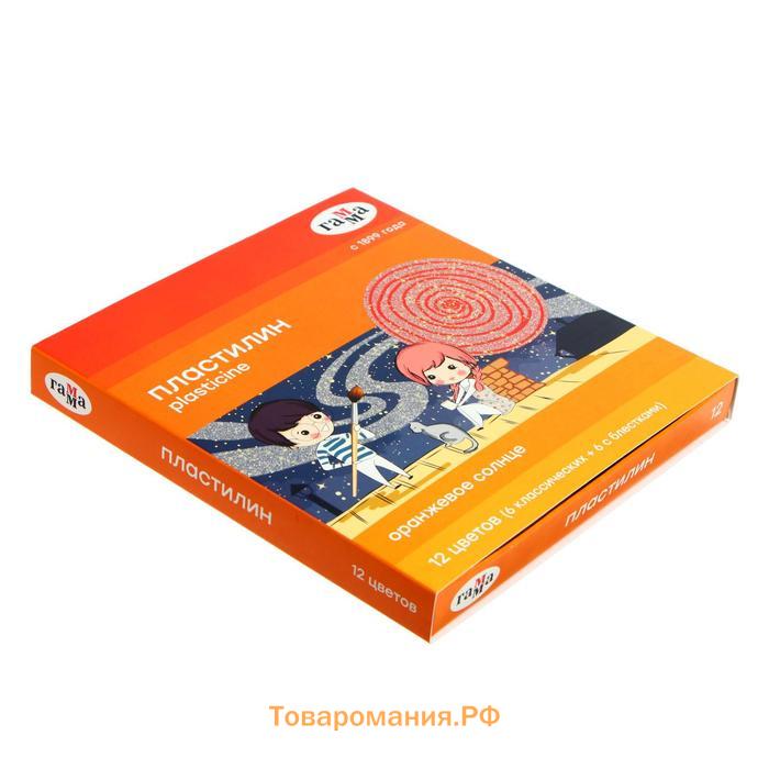 Пластилин 12 цветов 168 г, (6 классических + 6 с блёстками) Гамма "Оранжевое солнце", со стеком, картонная упаковка 130520205