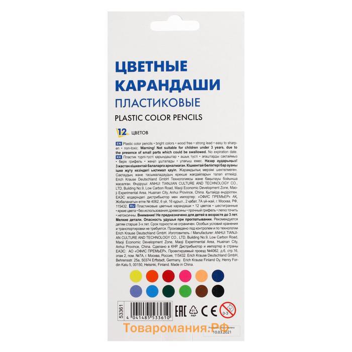 Карандаши 12 цветов, ErichKrause, пластик, шестигранные, 2,6 мм грифель, картонная упаковка, европодвес