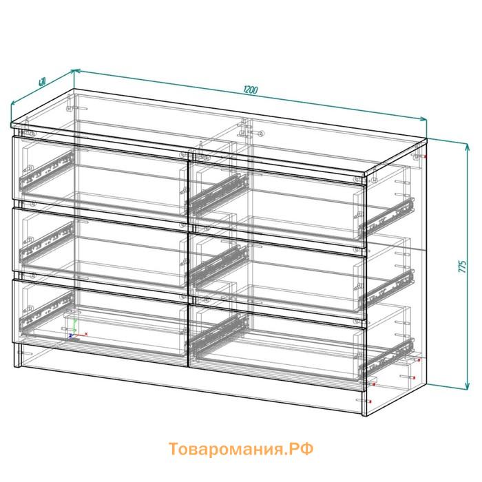 Комод Клик Мебель «Мадера», с 6 выдвижными ящиками, 1200×420×775 мм, цвет белый