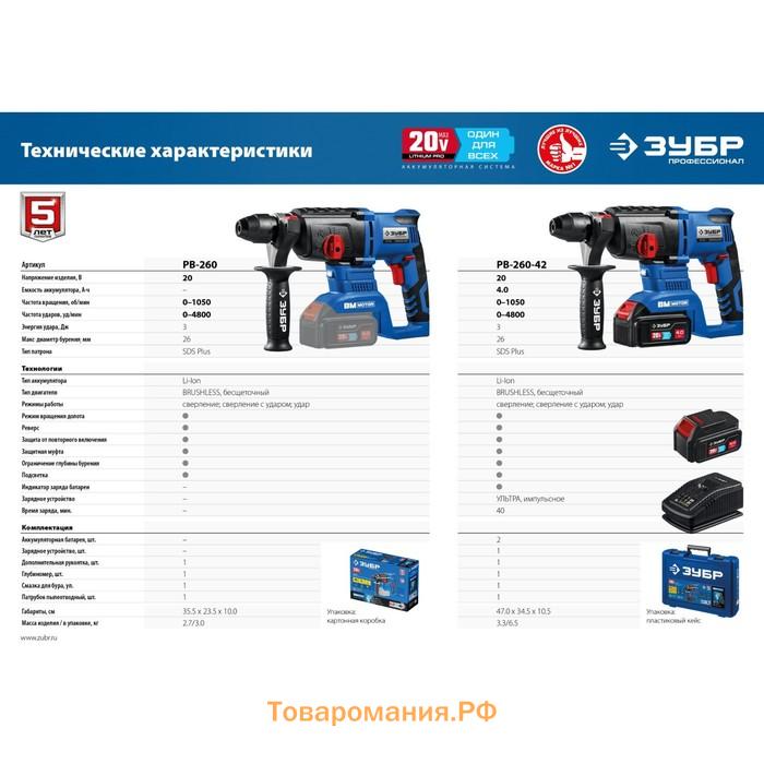 Перфоратор аккум. ЗУБР PB-260-42, 20 В, 2х4 Ач, 1050 об/мин, 4800 уд/мин, SDS+, кейс