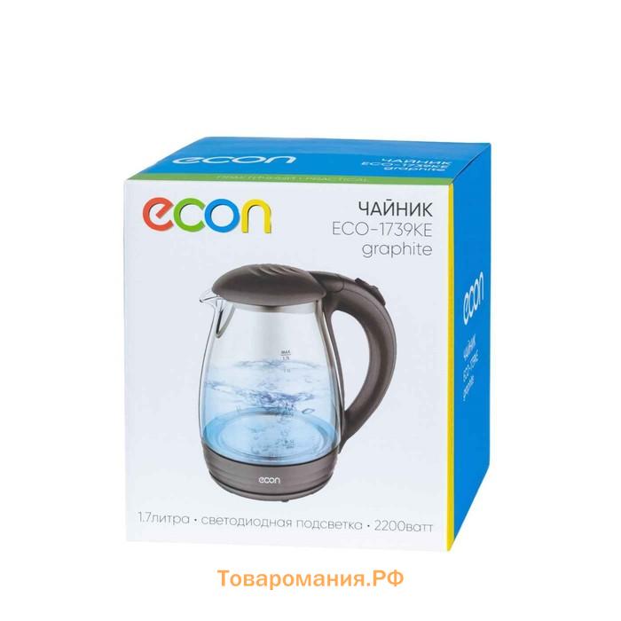 Чайник электрический Econ ECO-1739KE, 2200 Вт, стекло, 1.7 л, цвет графит