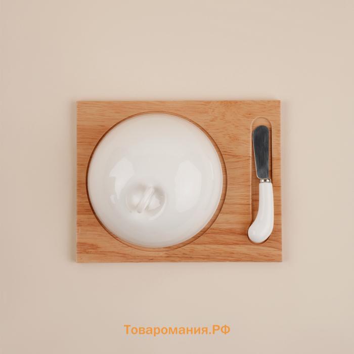 Маслёнка SL Home «Тренто», 22×17.5 см, на деревянной подставке, с ножом для масла, фарфор, белая