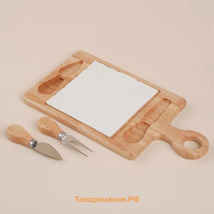 Набор для подачи сыра SL Home «Тренто», 35×18 см, 4 предмета: доска фарфоровая, подставка деревянная, нож, вилка