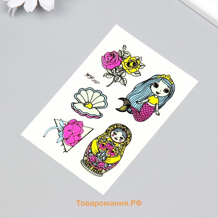 Переводные тату на тело светящиеся цветные «Матрёшка и русалка», 14.3×7.5 см