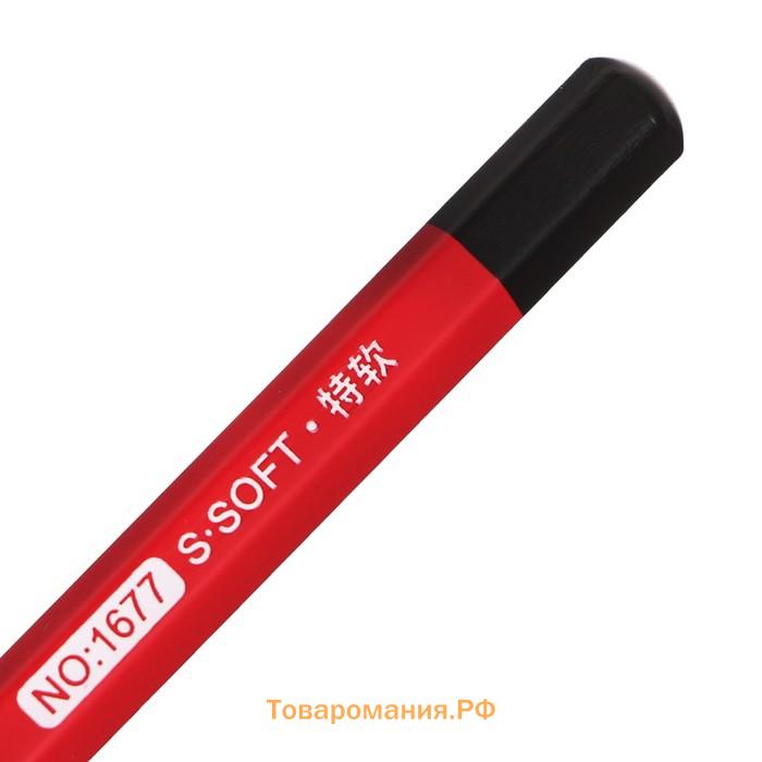 Карандаш угольный черный, S-soft, корпус красный