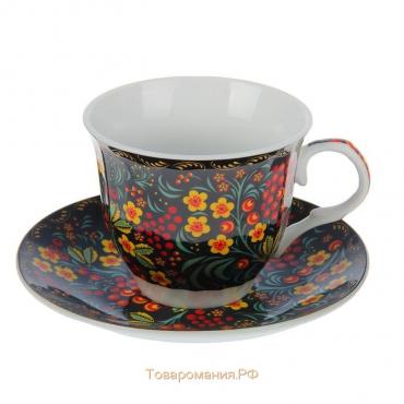 Чайная пара керамическая «Хохлома», 2 предмета: чашка 210 мл, блюдце d=14,2 см