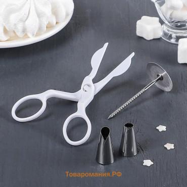 Набор кондитерский , 4 предмета, 2 насадки d=1.7 см, ножницы кондитерские для переноски украшений, гвоздь d=0.3/3.3 см