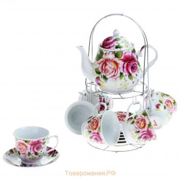 Сервиз керамический чайный на металлической подставке «Томная роза», 13 предметов: 6 чашек 230 мл, 6 блюдец d=14,2 см, чайник 1 л, цвет белый