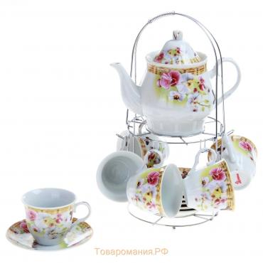 Набор чайный керамический на металлической подставке «Садовый дворик», 13 предметов: 6 чашек 200 мл, 6 блюдец d=14,1 см, чайник 1 л ㅤ