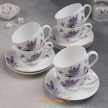 Сервиз фарфоровый чайный «Лаванда», 12 предметов: 6 чашек 250 мл, 6 блюдец d=15 см, цвет белый