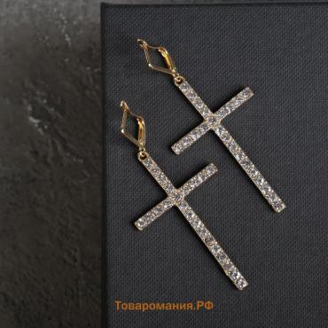 Серьги со стразами «Крестики» классика удлинённые, белые в золоте