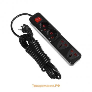 Удлинитель Lighting, 2 евро+2 унив.роз., 5 м, 2200 Вт, 2х0.5 мм2, с выкл., черный